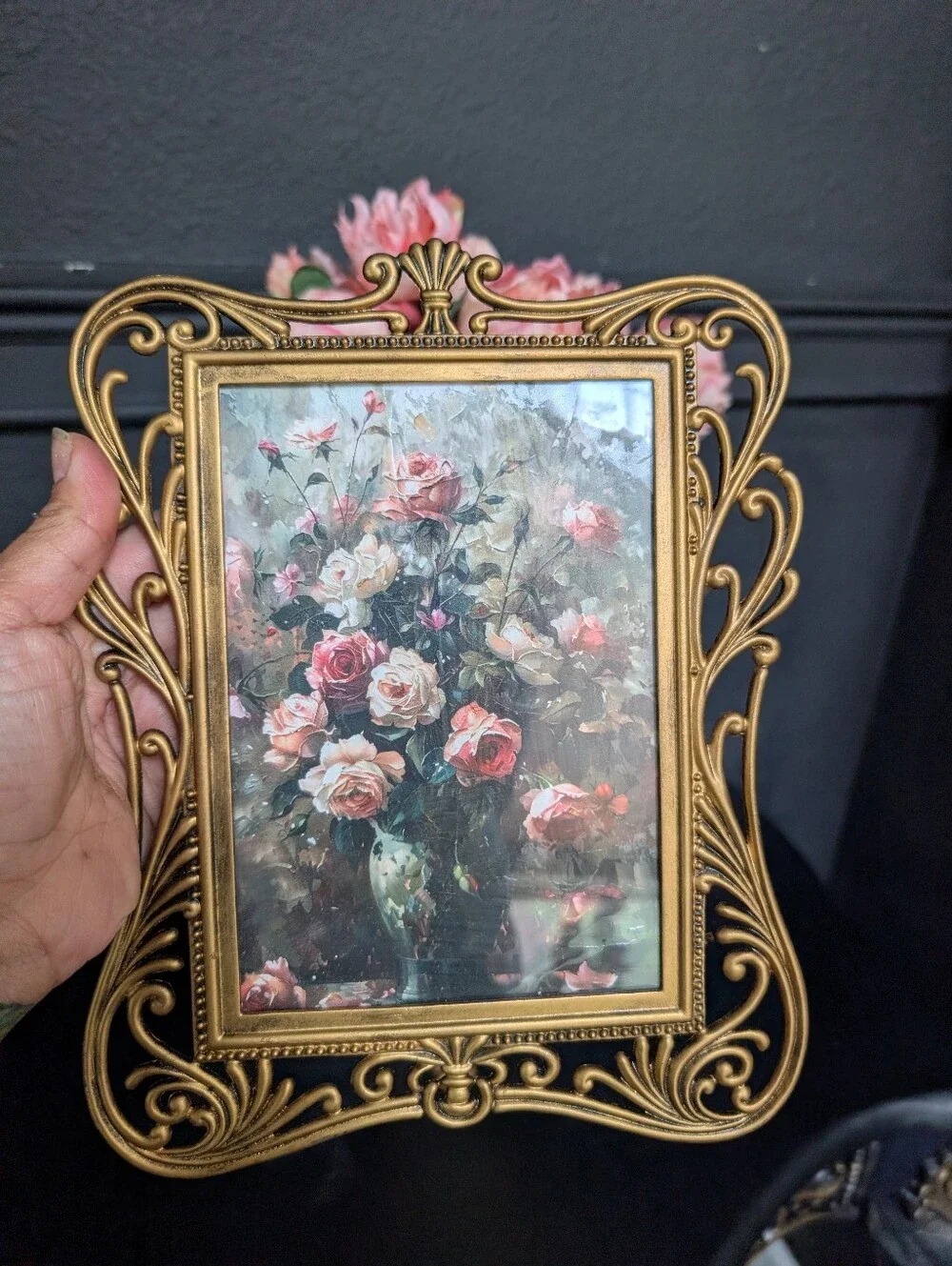 Vintage Ornate Gold Cast Metal Photo Frame w/ VTG style Still Floral Art Print 9